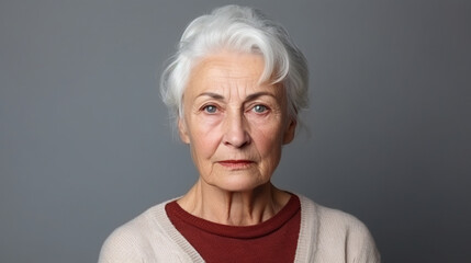 portrait of old lady looking at camera, senior woman with white hair, serious or tired sad...