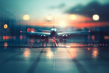 Passenger airplane taxiing on the runway in the evening at sunset
