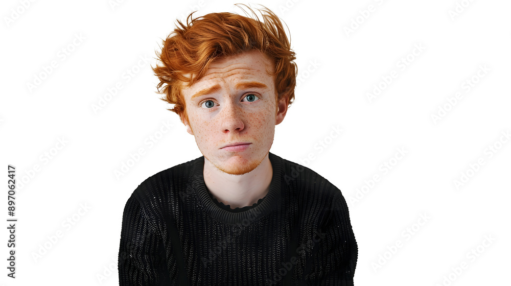 Poster young sad ginger man in a black sweater looking at the camera with a raised eyebrow isolated on a tr