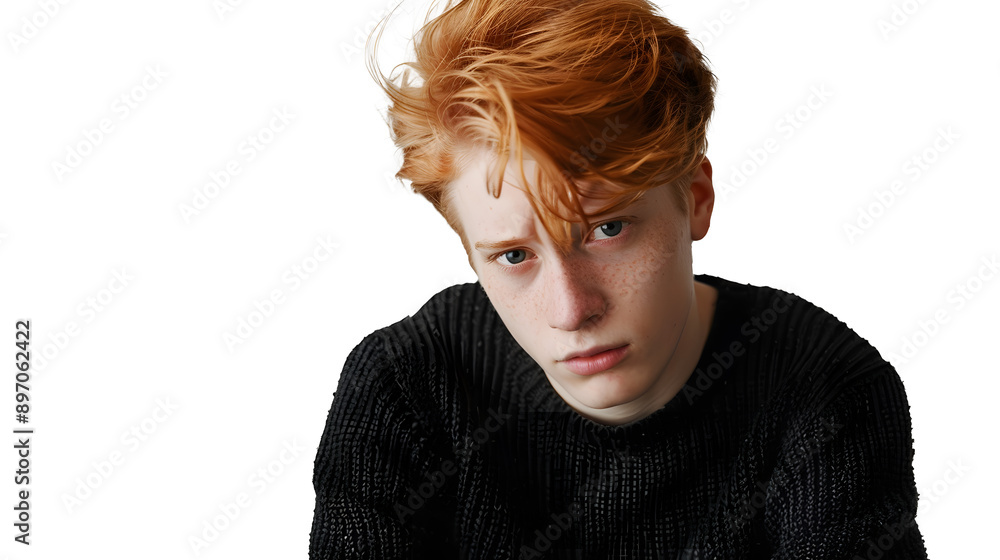 Poster young sad ginger man in a black sweater looking at the camera with a raised eyebrow isolated on a tr