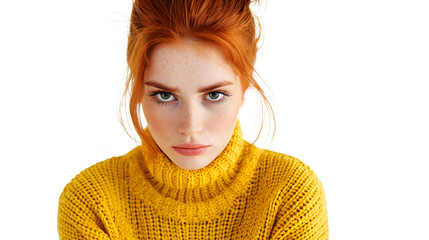 Young sad ginger woman in a yellow sweater looking at the camera with a raised eyebrow isolated on...