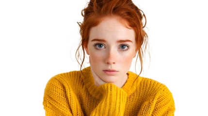 Young sad ginger woman in a yellow sweater looking at the camera with a raised eyebrow isolated on a transparent background in a studio shot from a high angle photo with soft light. bright colors