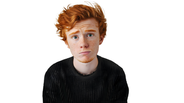 Young sad ginger man in a black sweater looking at the camera with a raised eyebrow isolated on a transparent background in a studio shot from a high angle photo with soft light. bright colors
