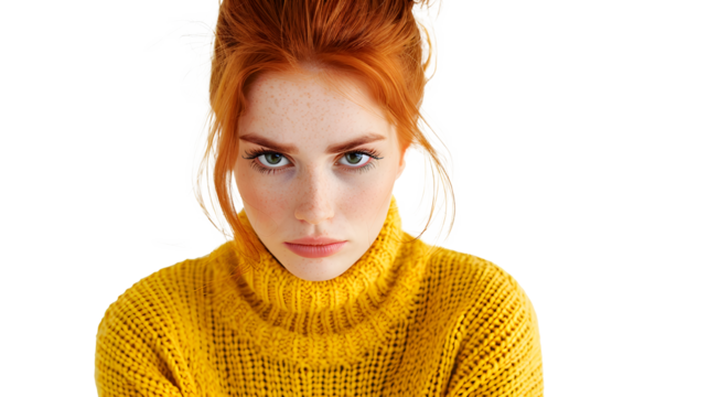 Young sad ginger woman in a yellow sweater looking at the camera with a raised eyebrow isolated on a transparent background in a studio shot from a high angle photo with soft light. bright colors