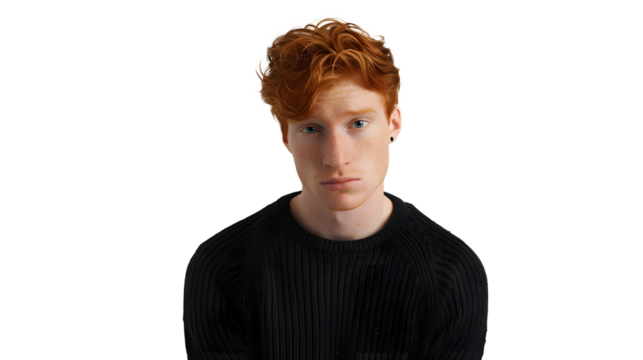 Young sad ginger man in a black sweater looking at the camera with a raised eyebrow isolated on a transparent background in a studio shot from a high angle photo with soft light. bright colors