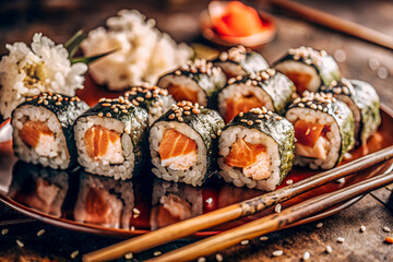 Gourmet Salmon Sushi Rolls, Visual Feast for Senses Ideal for Restaurant and Cafe Menus, Food Photography Portfolios, Blogs, Culinary Magazines, Social Media Promotions, Chef Showcases
