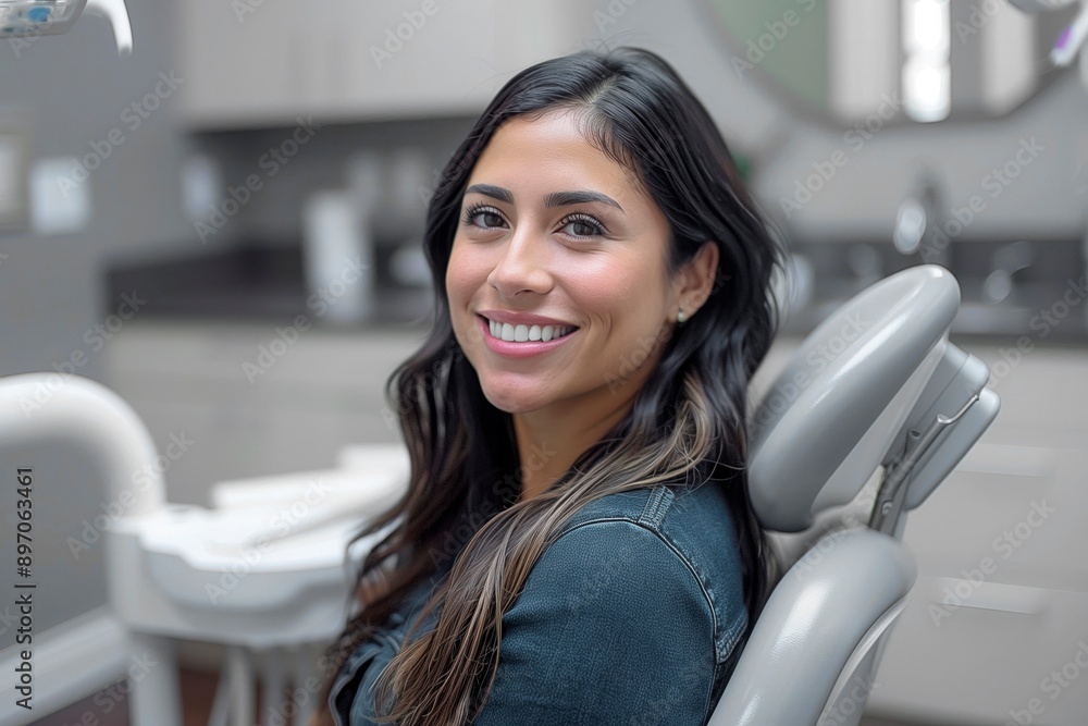 Wall mural smiling woman sitting in dental chair, copy space for text, dental office advertising