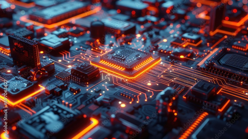 Poster abstract 3d circuit board with digital elements and glowing highlights