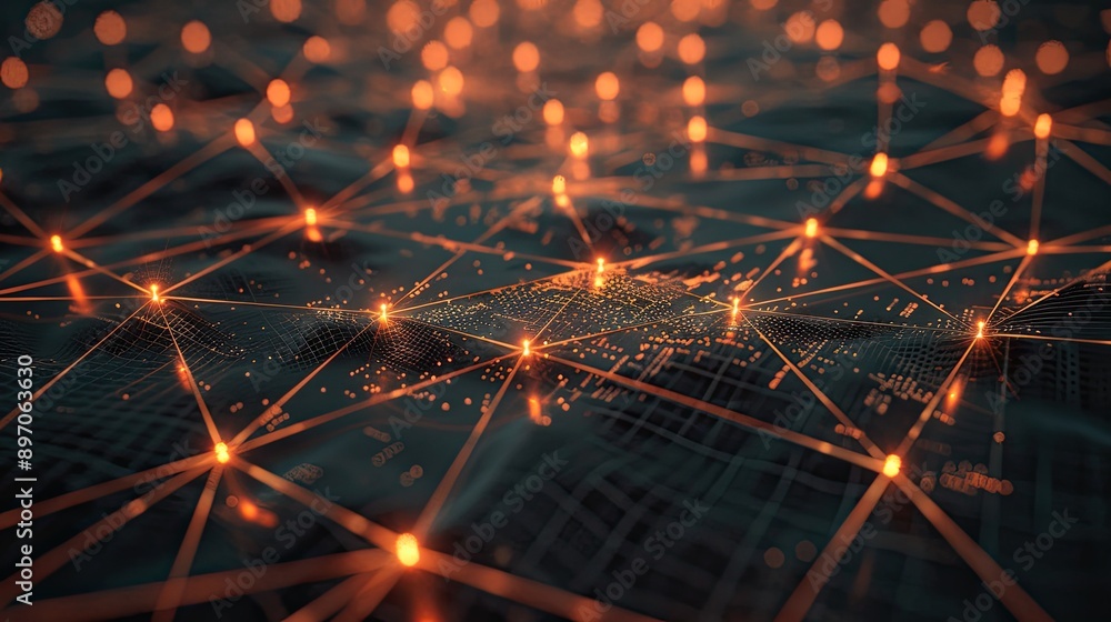 Poster abstract 3d network with interconnected nodes and glowing lines