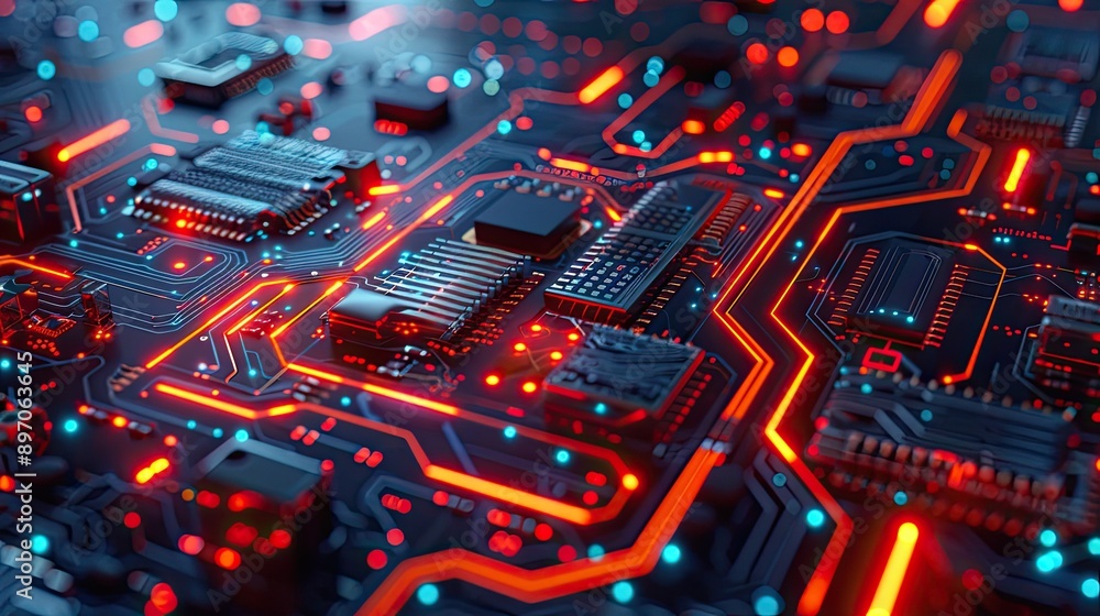 Poster abstract 3d circuit board with digital elements and glowing highlights