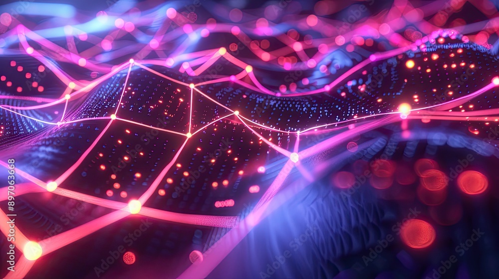 Poster abstract 3d network with interconnected nodes and glowing lines