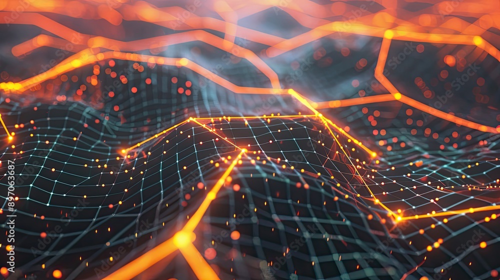 Poster abstract 3d network with interconnected nodes and glowing lines