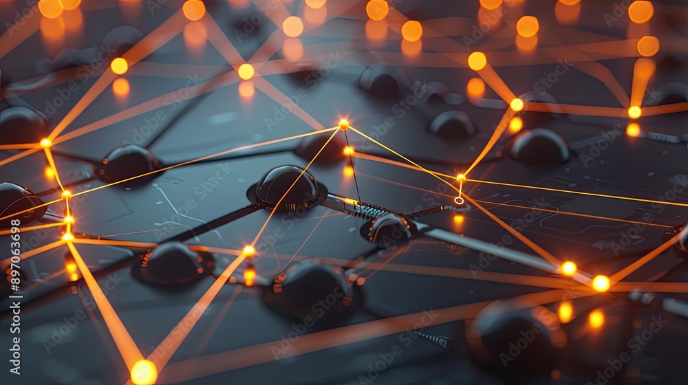 Poster abstract 3d network with interconnected nodes and glowing lines