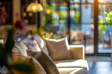 Comfortable modern living room bathed in warm sunlight with a blurred outdoor background