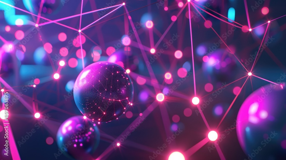 Poster abstract 3d network with interconnected spheres and neon lines