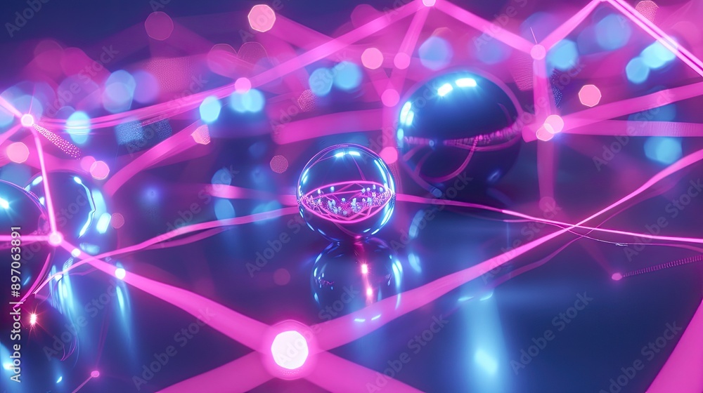 Aufkleber abstract 3d network with interconnected spheres and neon lines