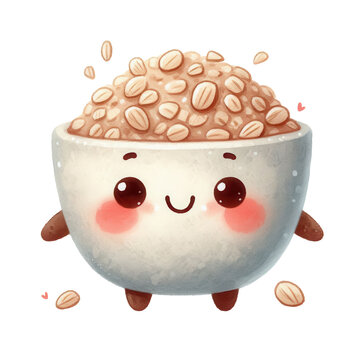 recommend clip art: Watercolor Cartoon Bowl of Oatmeal Clipart with Face on Transparent Background PNG