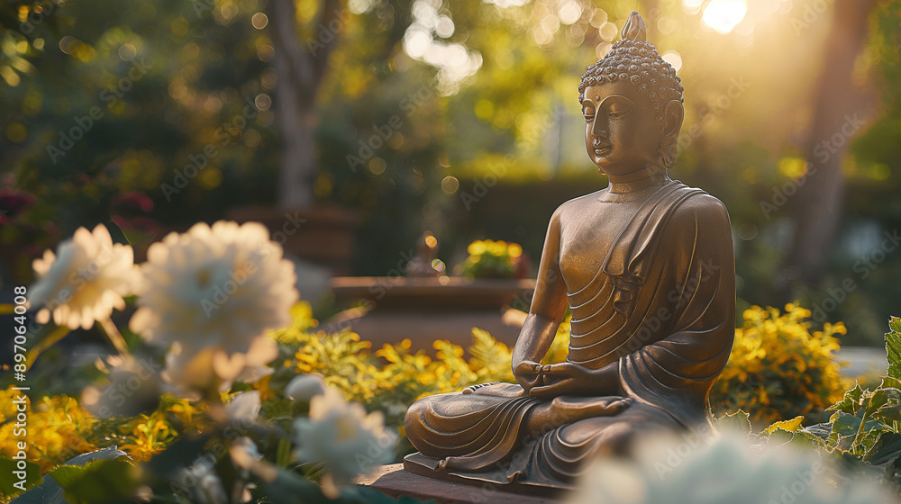 Poster a serene setting with a golden buddha statue in the foreground, seated in a meditative pose. the sta