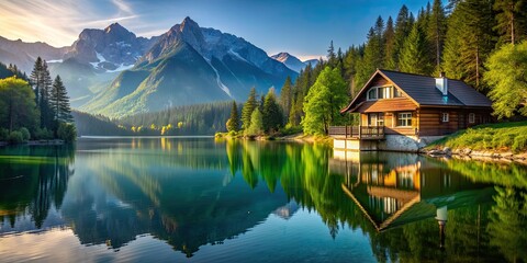 House on the edge of a tranquil lake surrounded by majestic mountains , mountain, lake, house, cabin, tranquil, serene