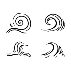Doodle sea wave icons. Hand drawn simple wavy lines. Sea storm scribble icons set. Ocean water flow curve sketch. Aqua doodle symbols. Vector illustration isolated on white background.