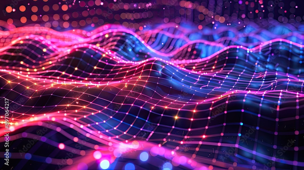 Poster abstract 3d wave grid with glowing lines and depth