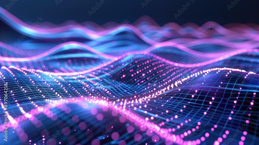 Poster abstract 3d wave grid with glowing lines and digital depth