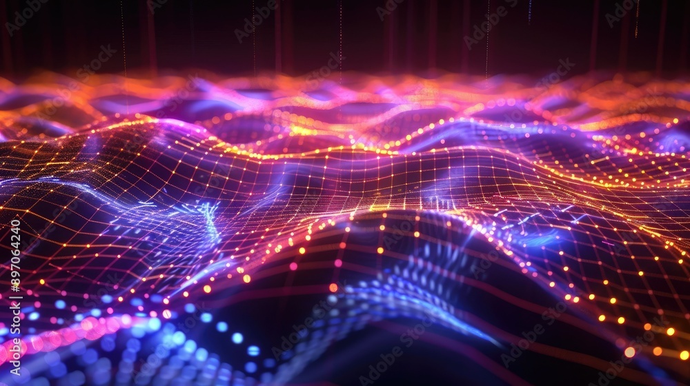 Poster abstract 3d wave grid with glowing lines and digital depth