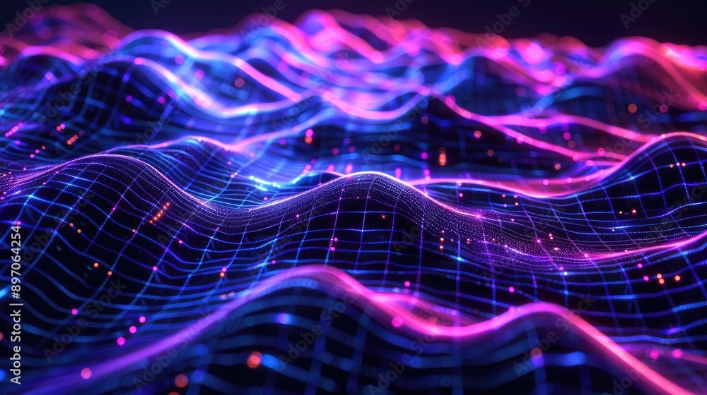 Poster abstract 3d wave grid with glowing lines and digital depth