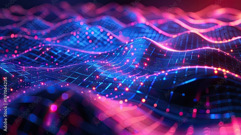 Poster Abstract 3D wave grid with glowing lines and digital depth