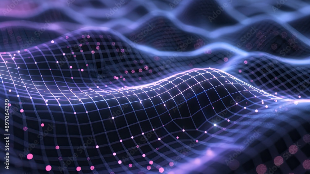 Poster abstract 3d wave grid with glowing lines and digital depth