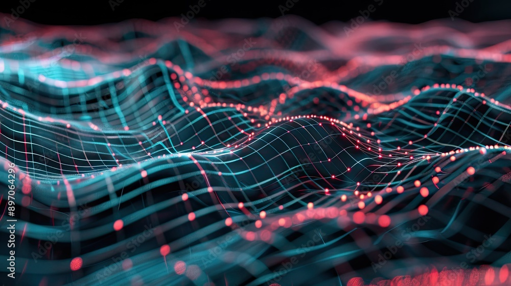 Poster abstract 3d wave grid with glowing lines and digital depth