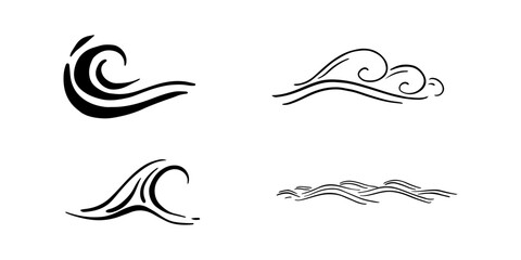 Doodle sea wave icons. Hand drawn simple wavy lines. Sea storm scribble icons set. Ocean water flow curve sketch. Aqua doodle symbols. Vector illustration isolated on white background.