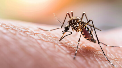 A mosquito sits on a person's skin. Pain, danger of infection. Dangerous Zika virus, close-up shot. World Mosquito Day.