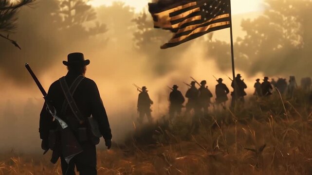 American Civil War soldier silhouette. Misty battlefield with flag and troops marching. Atmospheric historical scene. Dramatic wartime depiction.	

