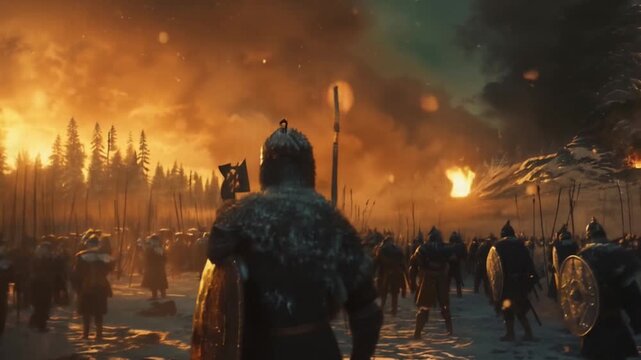 battlefield in a medieval war with an army of armed soldiers, torches and a fire with smoke in the background. historical scene of conflict in the middle ages at night