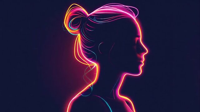 Animation of vibrant neon outline of woman's profile with colorful hair swirls. Abstract digital art portraying femininity and creativity on dark background for a female empowerment