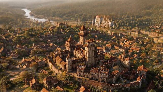 medieval walled city or town with castle, forest, houses and villages around. Aerial view of the landscape for the background of a medieval history  or fantasy fairy tale