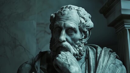 Statue of an ancient stoic philosopher thinking and meditating in the twilight, with hand stroking the beard, isolated against a dark marble background. Image for philosophical quote with blank space