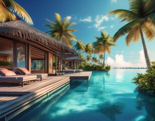 Fototapeta premium Luxury summer banner showing an exclusive tropical resort with a clear water bungalow surrounded by palm trees.