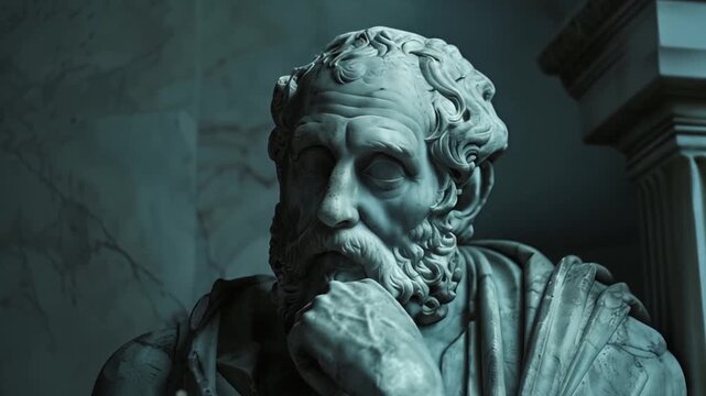 Statue of an ancient stoic philosopher thinking and meditating in the twilight, with hand stroking the beard, isolated against a dark marble background. Image for philosophical quote with blank space