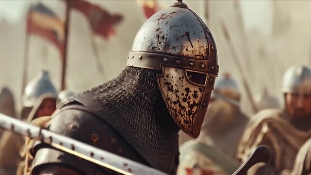 Medieval knight profile in battle-worn armor, wielding a blood filled sword in the middle of a war scene, oozing courage. Epic cinematic scene with warriors fighting in the background