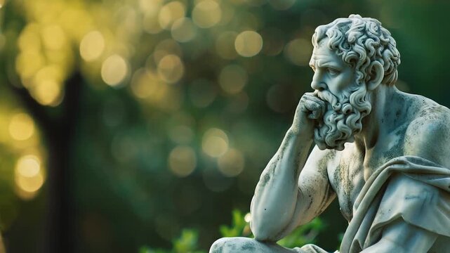 Weathered marble statue of an old bearded thinker, contemplating life. Wallpaper featuring a Greek philosopher carved in white stone with a blurred background of a park's natural scenery with trees.