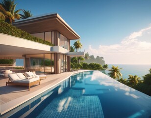 A lavish summer banner advertising a luxury villa with an infinity pool and ocean views.