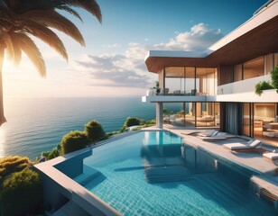 Fototapeta premium A lavish summer banner advertising a luxury villa with an infinity pool and ocean views.