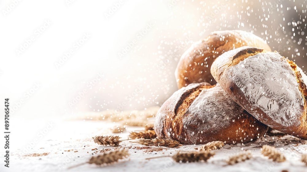 Aufkleber freshly baked bread loaves, dusted with flour, rest on a white surface with wheat stalks scattered a