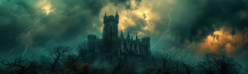 Castle with a tower in the middle of a storm, gothic aesthetic