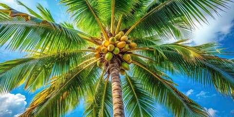 Obraz premium Tall palm tree with green fronds and coconuts hanging, tropical, exotic, palm tree, coconut, foliage, green, nature