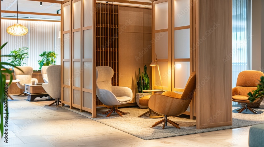 Aufkleber a contemporary office lounge featuring comfortable chairs and a wooden partition wall. the space is 
