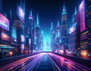 The vibrant and neon-lit panorama of the cyberpunk city.