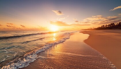 A peaceful and picturesque view of the beach and the crashing waves during sunset